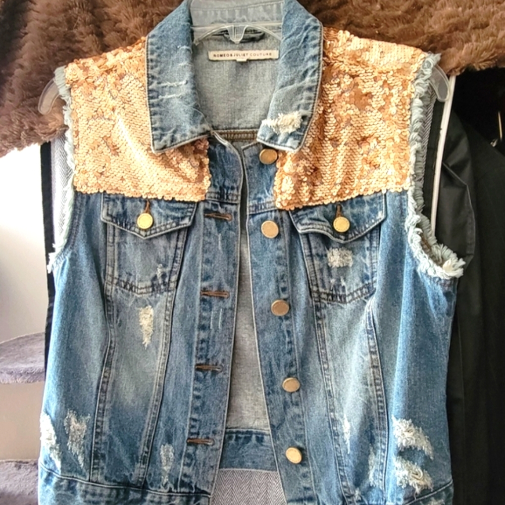 Romeo & Juliet Couture Denim Vest with Gold Sequins